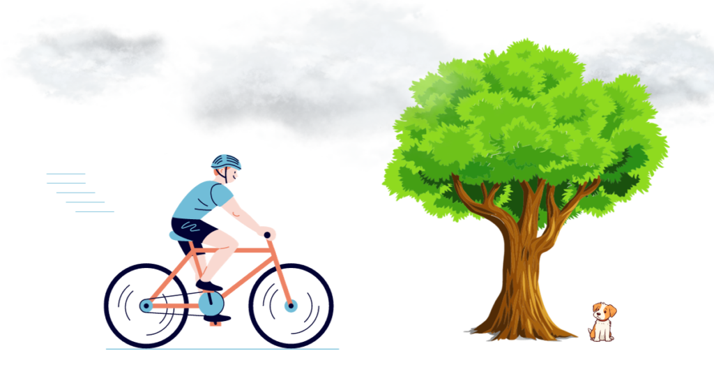 Бициклиста с креће у односу на дрво. Дрво је референно тело код овог механичког кретања.