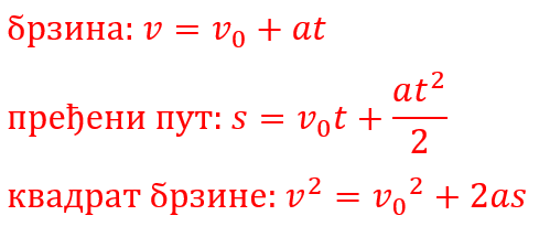 формуле за брзину, пут и квадрат брзине код убрзаног кретања